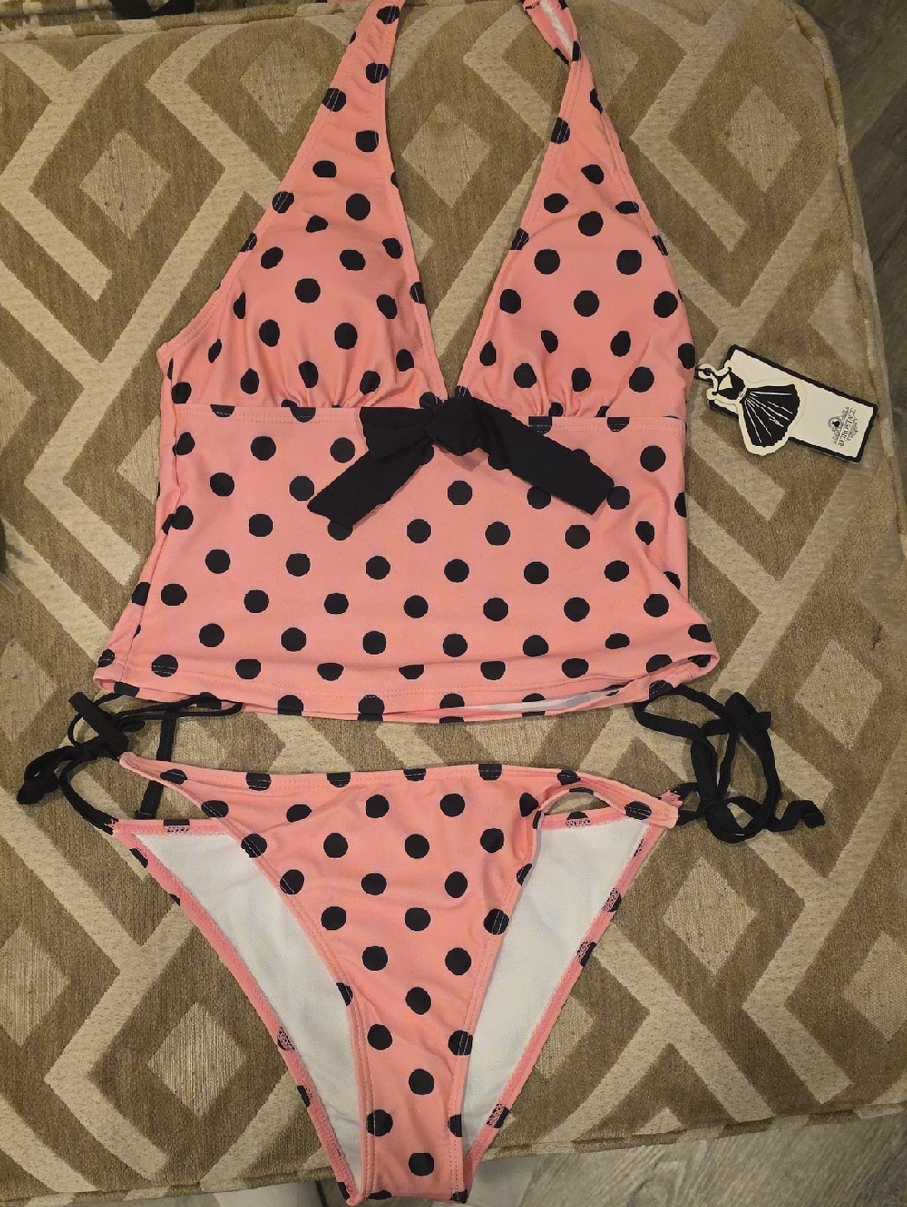 Women's Pink Polka Dot Halter Bikini Set with Black Accents